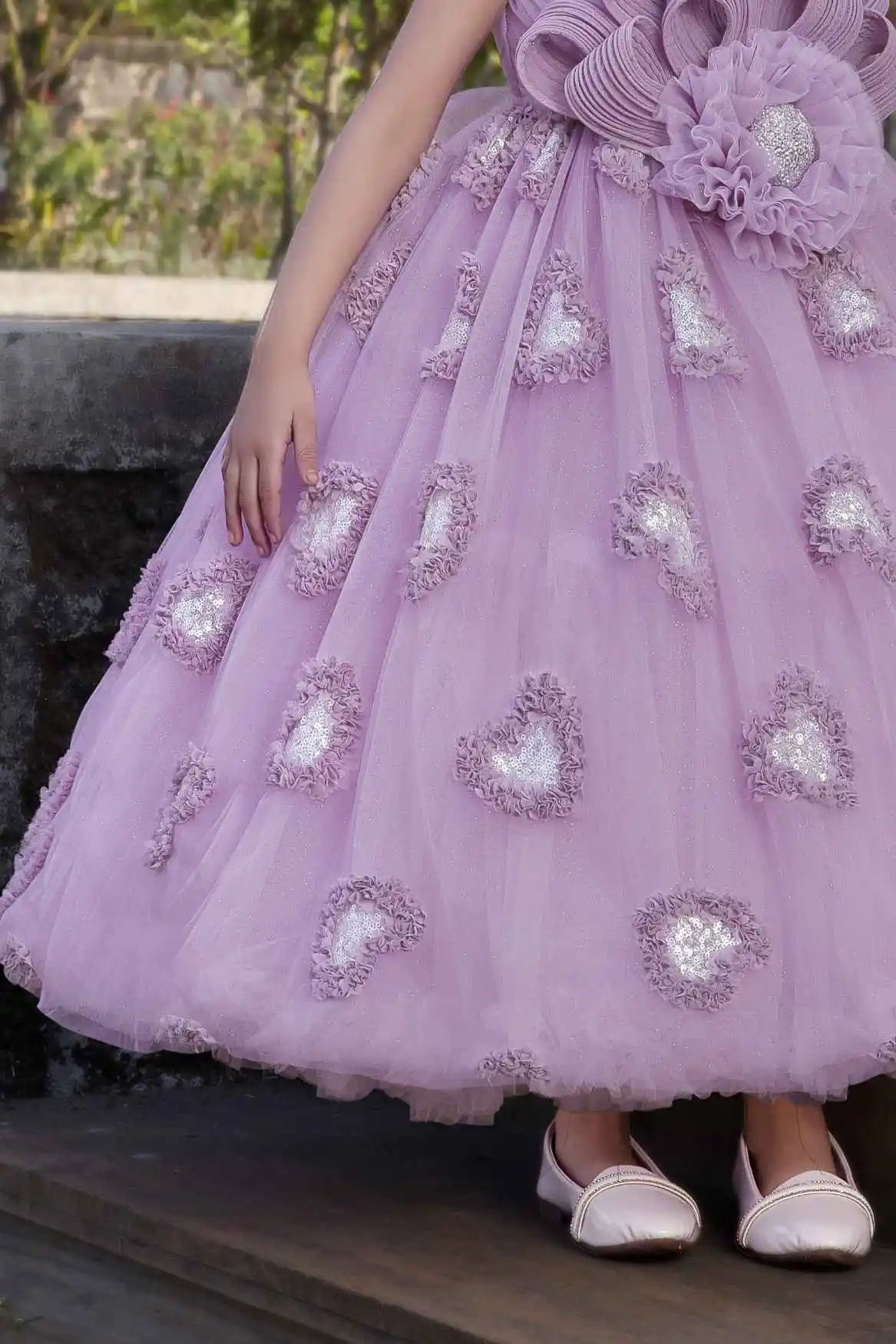 Lavender Floral Embellished Party Wear Gown With Sequin Detailing For Girls