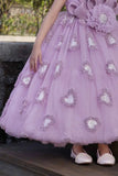 Lavender Floral Embellished Party Wear Gown With Sequin Detailing For Girls