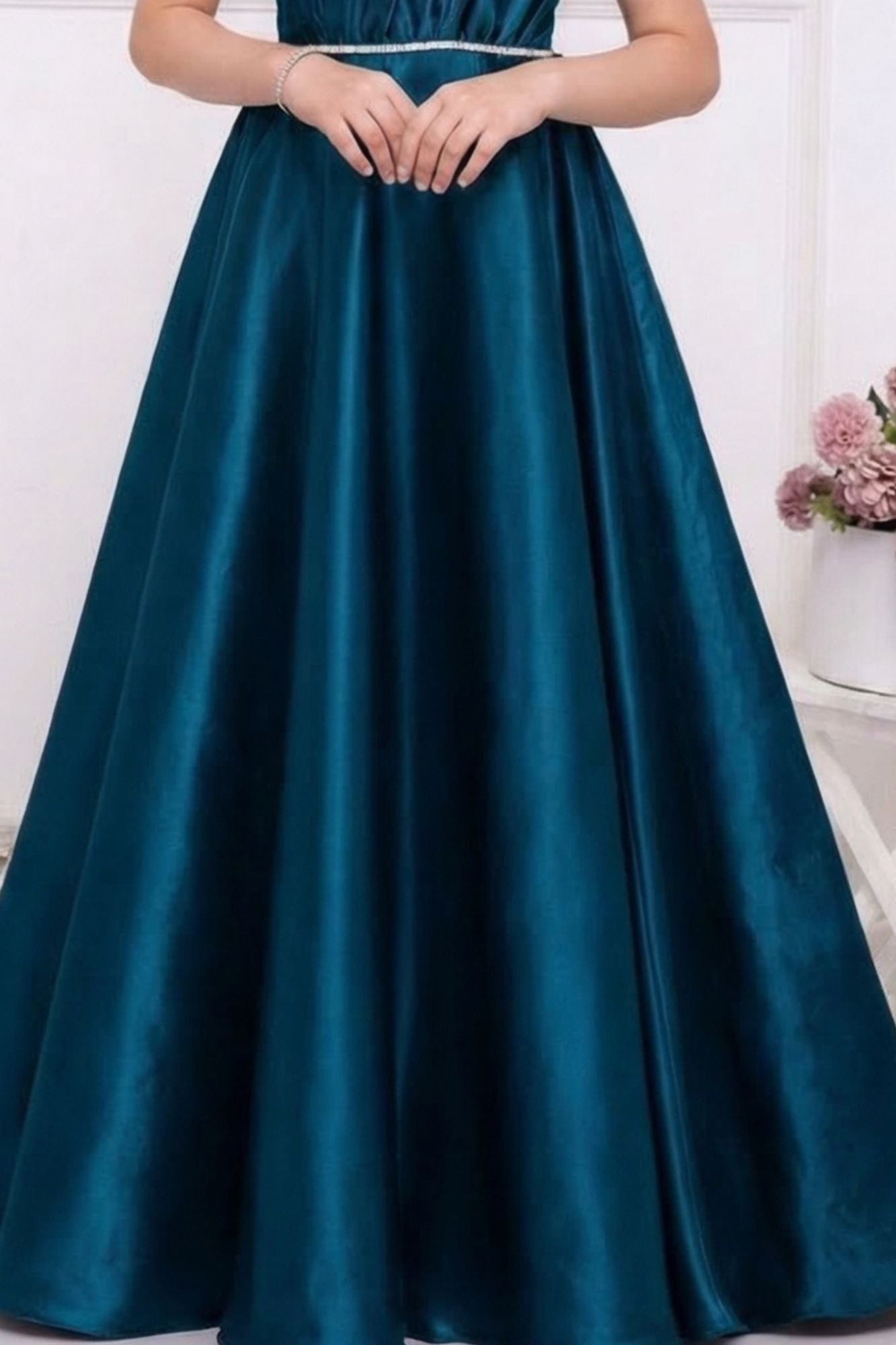 Teal Blue One-Shoulder Embellished Party Gown For Girls