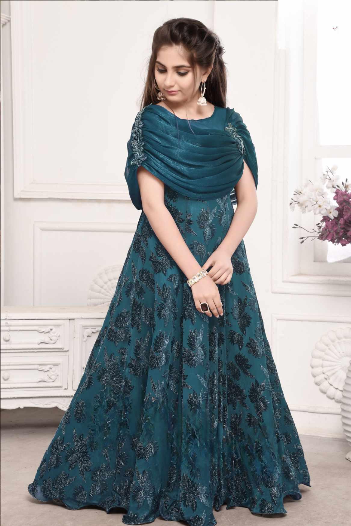 Blue Cowl Neck Full Gown For Girls - Lagorii Kids