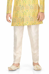 Classic Yellow Printed Sherwani With White Pant For Boys