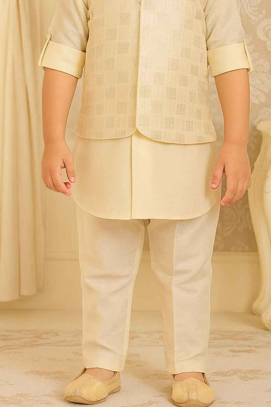 Cream Kurta Set With Sequins Embroidered Waistcoat For Boys