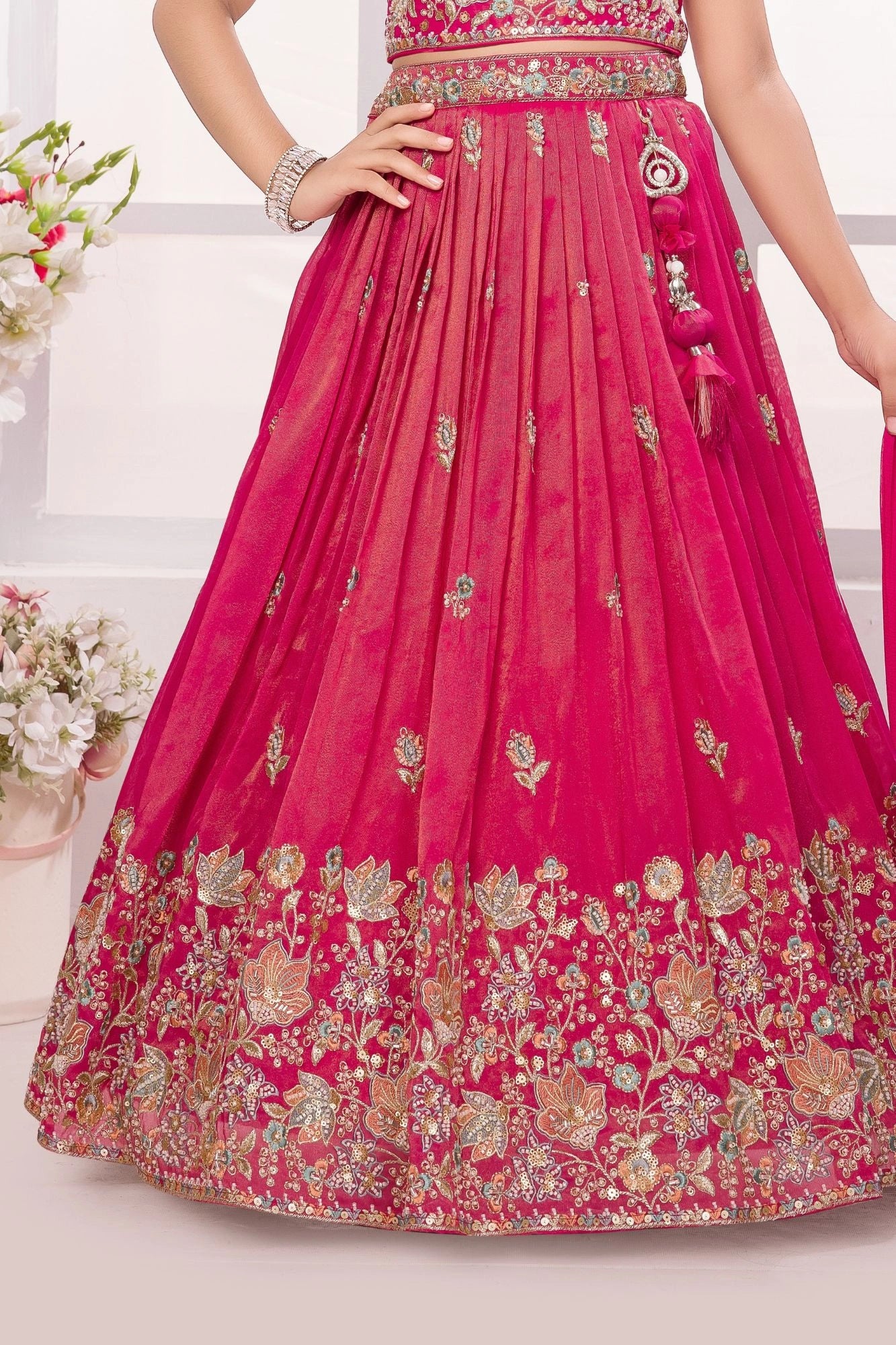 Royal Rani Pink Heavy Embroidered Lehenga Choli Set For Girls