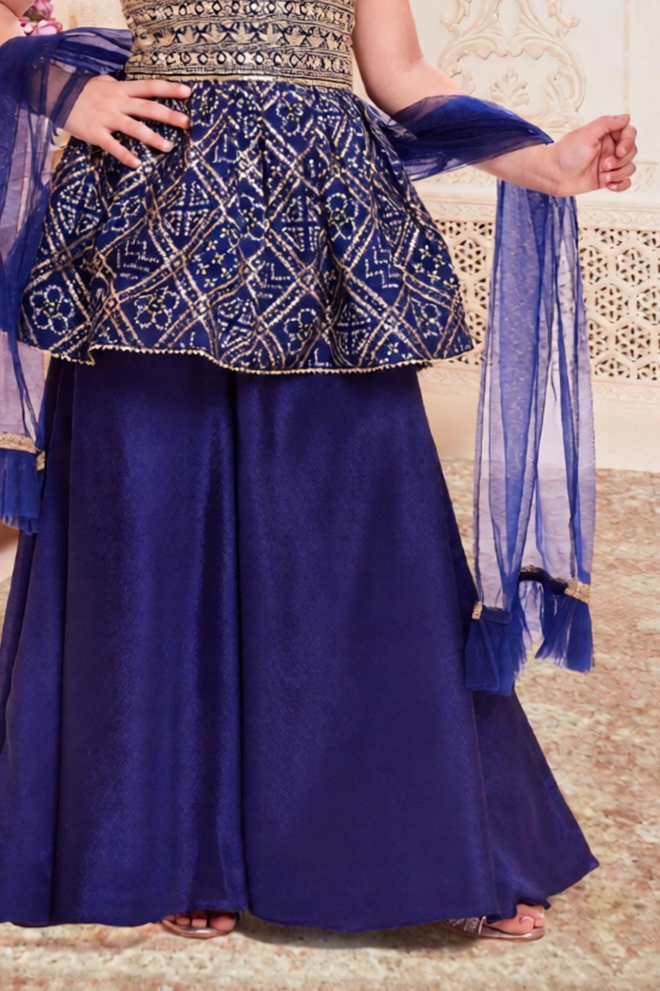 Navy Blue Embroidered Peplum Top Palazzo Set for Girls