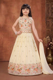 Girls Cream Embroidered Lehenga Choli Set with Dupatta