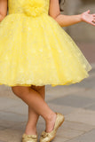 Yellow One-Shoulder Sequins Embroidered Party Frock with Floral Accent For Girls