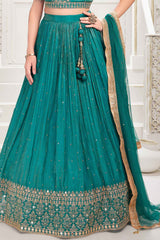 Rama Green Sequin and Embroidery Lehenga Choli Set For Girls