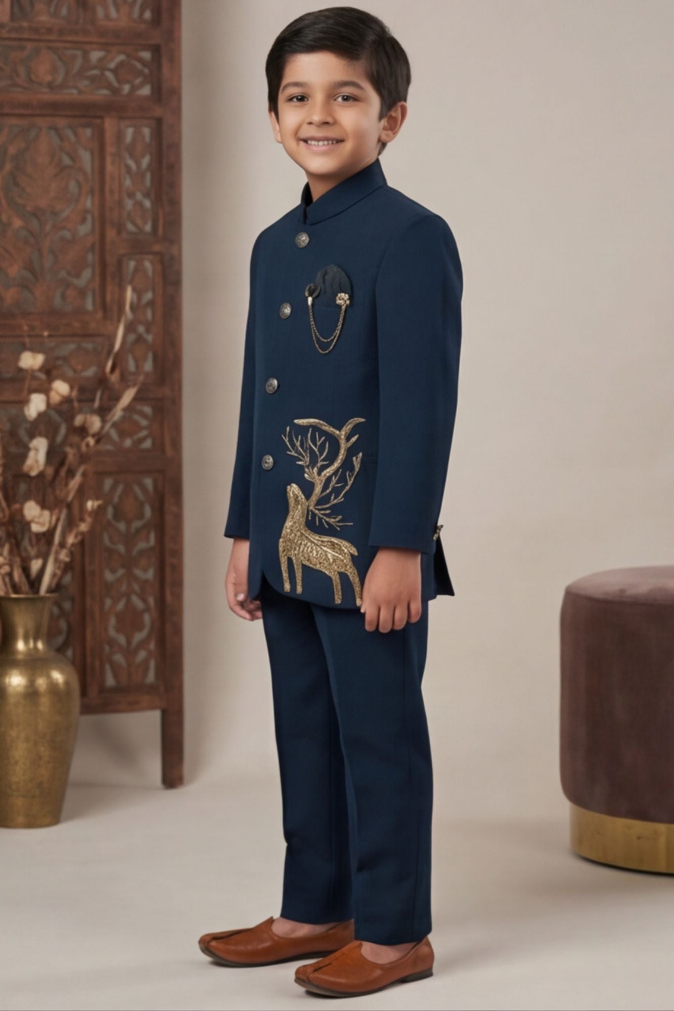 Designer Teal Jodhpuri Suit Set With Royal Deer Motif For Boys