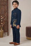 Designer Teal Jodhpuri Suit Set With Royal Deer Motif For Boys