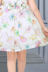 Cream Sleeveless Floral Printed Frock With Flower Embellishment For Girls