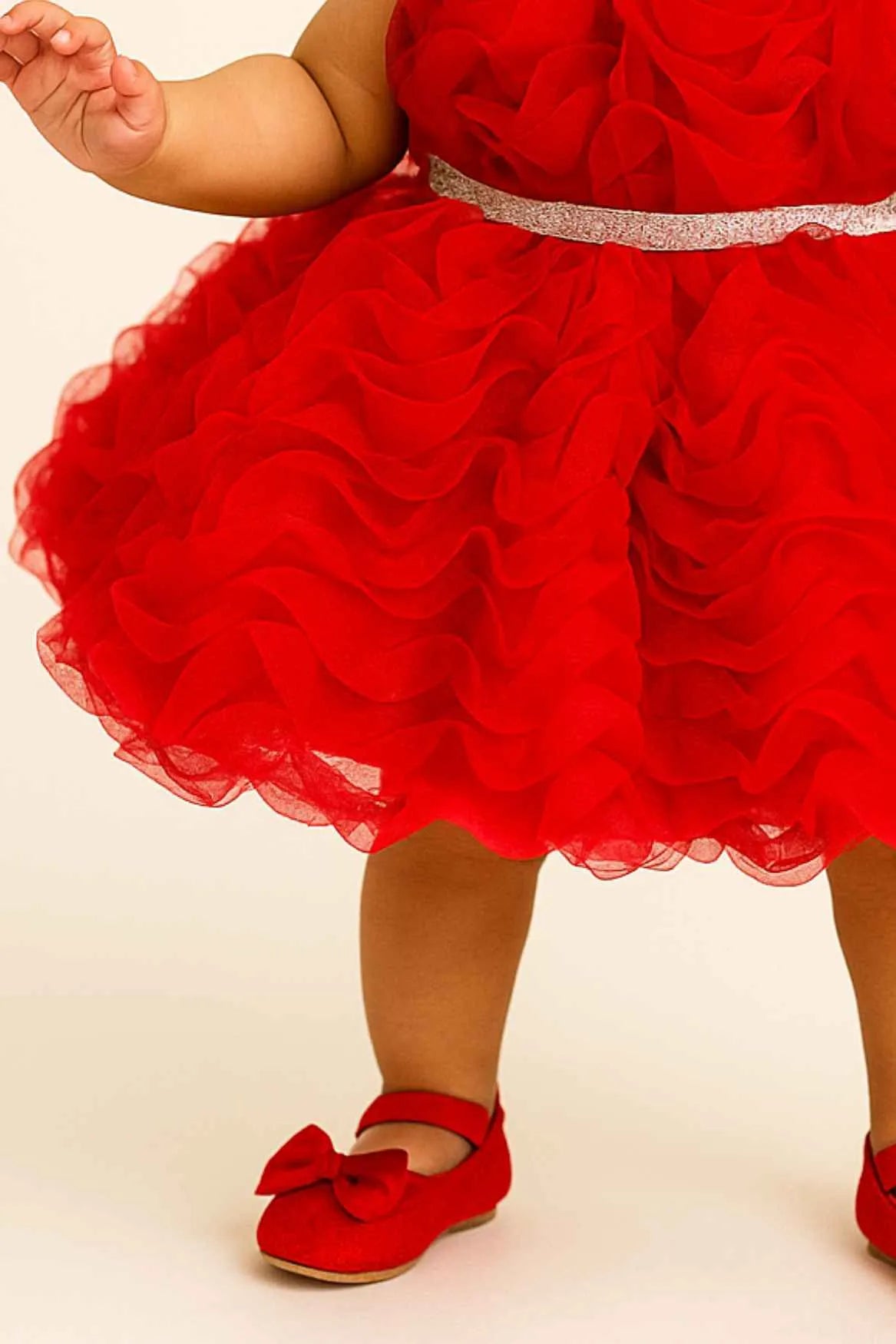Red Frock With Ruffled Embellished For Girls