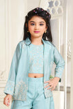 Sky Blue Sequins Work Palazzo Set With Overcoat For Girls