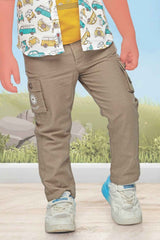 Cream Printed Shirt And Fawn Pant With T Shirt Set For Boys