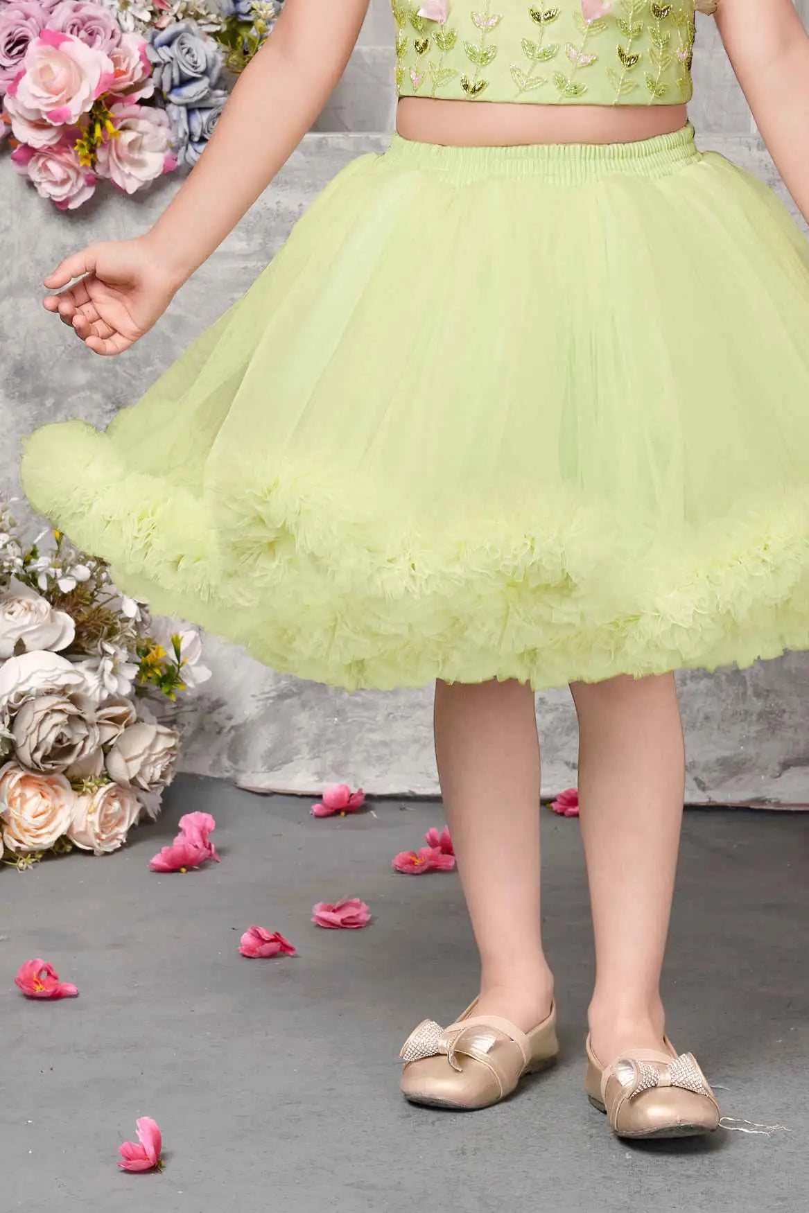 Pista Green Ruffled Bead Work And Floral Embellished Skirt Set For Girls