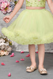 Pista Green Ruffled Bead Work And Floral Embellished Skirt Set For Girls