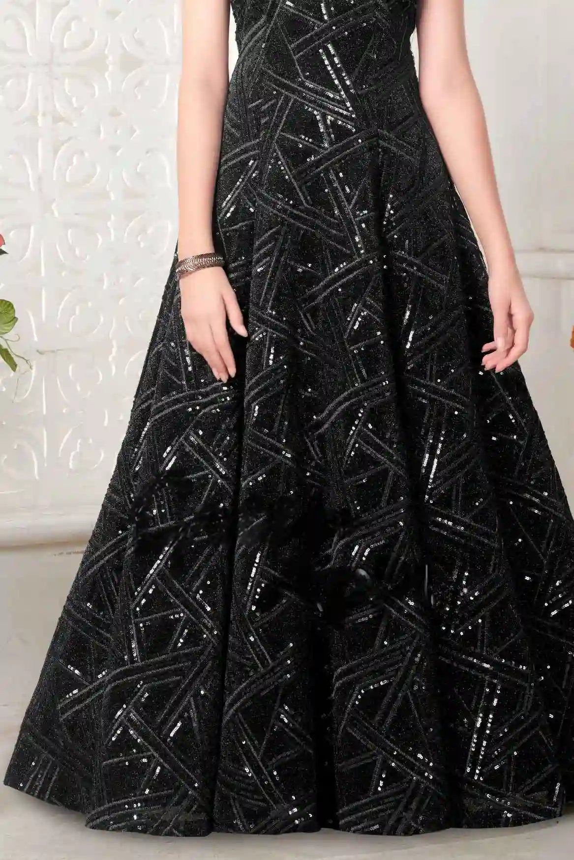 Embellished Black Gown with Fancy Sleeves For Girls