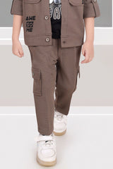 Brown And Black 3-Piece Utility Style Set with Cargo Pants For Boys