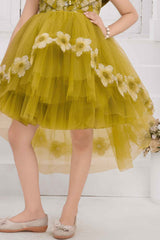 Mustard Tailback Frock With Sequins Work And Floral Embellishment For Girls