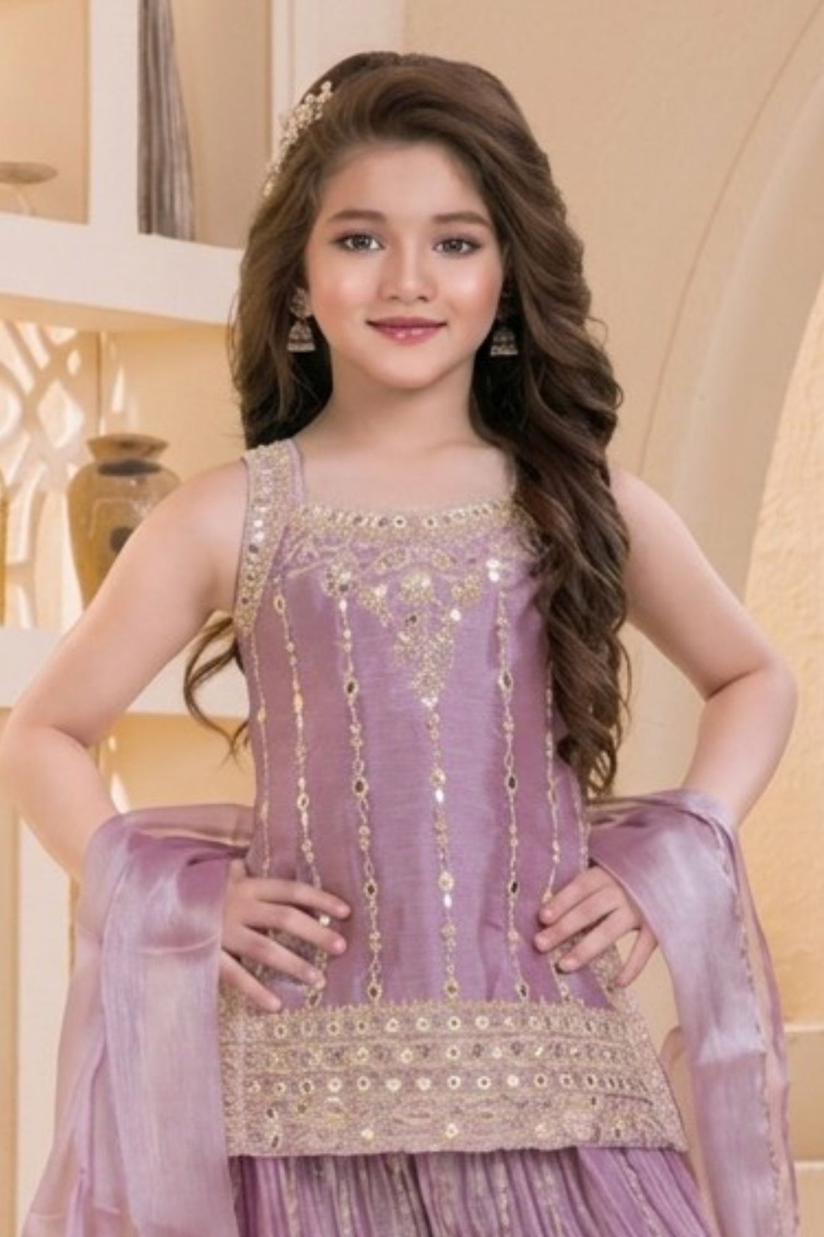 Lavender Designer Embroidered Palazzo Set For Girls