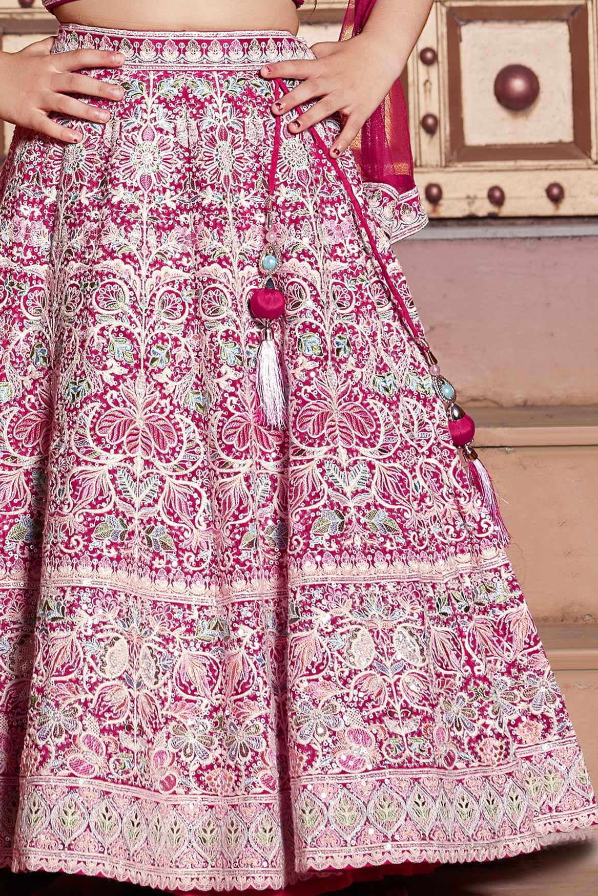 Red Sequin And Thread Embroidery Work Lehenga Choli Set For Girls