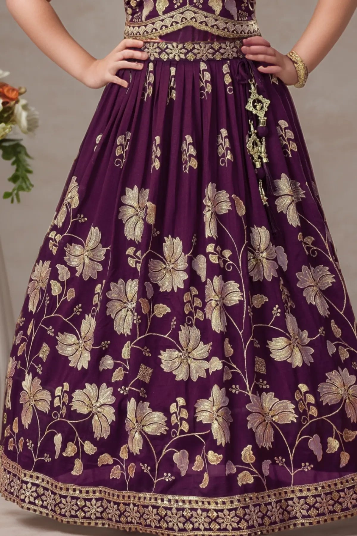 Wine Sequin Work And Zari Embroidery Lehenga Choli Set For Girls
