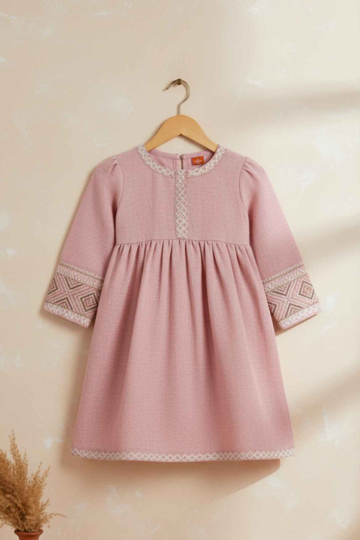 Baby Pink Textured Cotton Dress with Embroidered Border For Girls