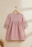 Baby Pink Textured Cotton Dress with Embroidered Border For Girls