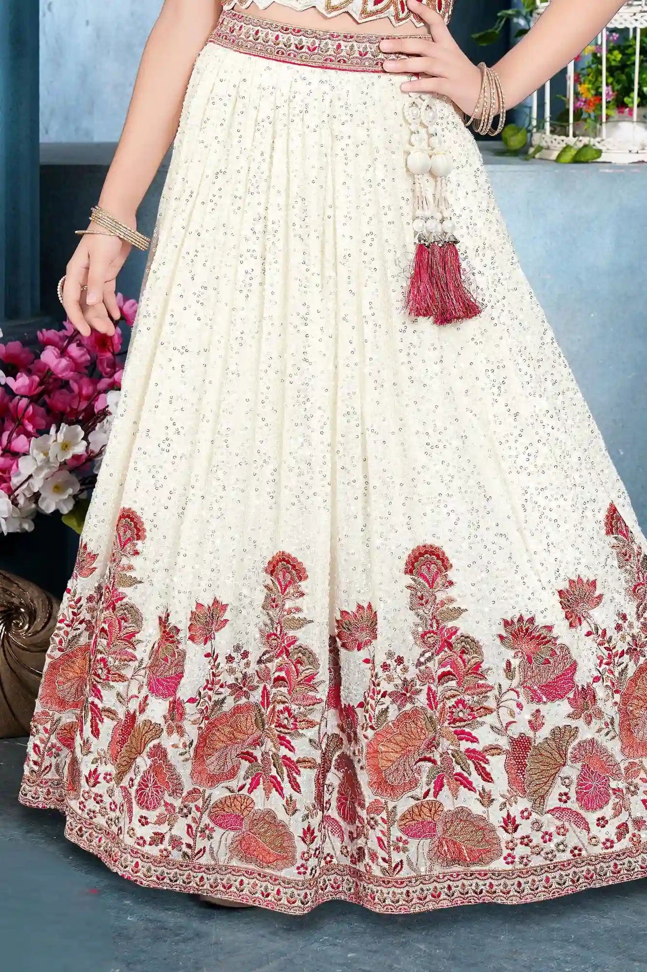 Ivory Embroidered Lehenga Choli with Tassels For Girls