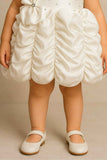 White Asymmetrical Satin Party Frock With Ruched Bubble Skirt For Girls