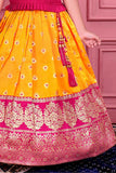 Pink and Mustard Yellow Pattu Pavadai Set With Embroidery For Girls