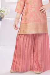 Peach Banarasi And Sequined Sharara Set For Girls