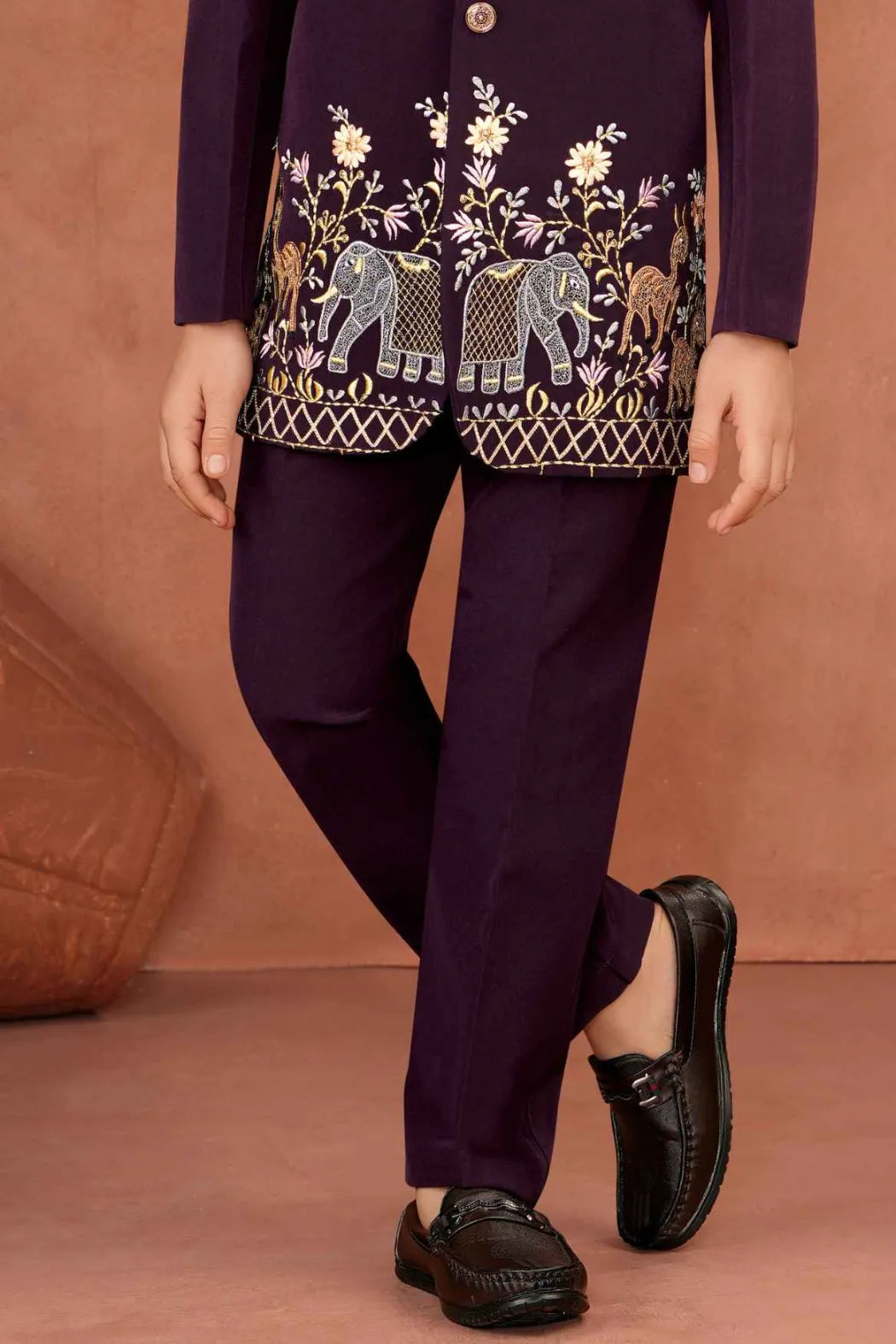 Royal Maroon Jhodhpuri Suit With Zari Embroidery For Boys