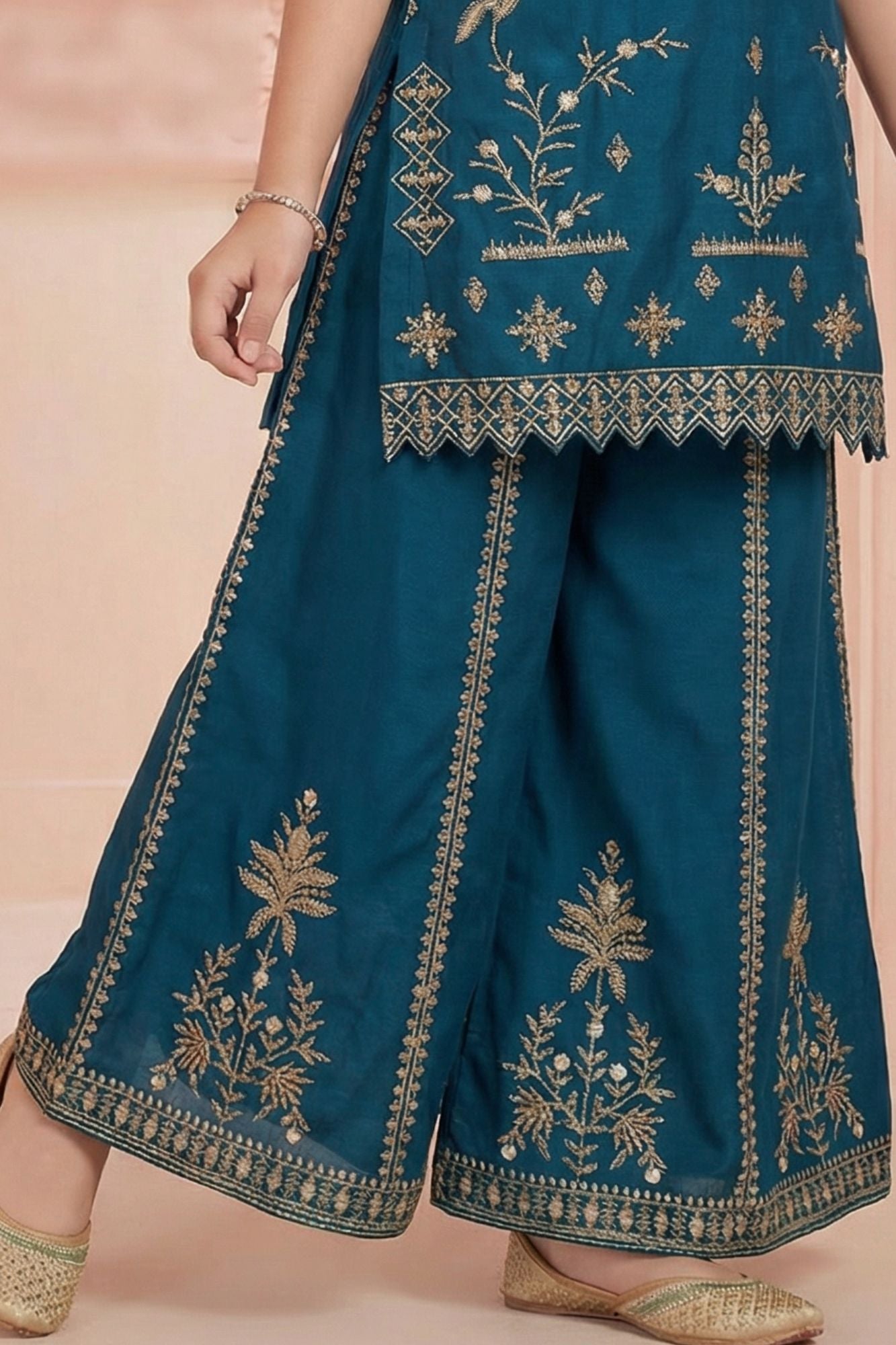 Teal Blue Zari Embroidered Kurti Palazzo Set For Girls