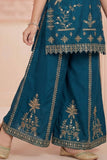 Teal Blue Zari Embroidered Kurti Palazzo Set For Girls
