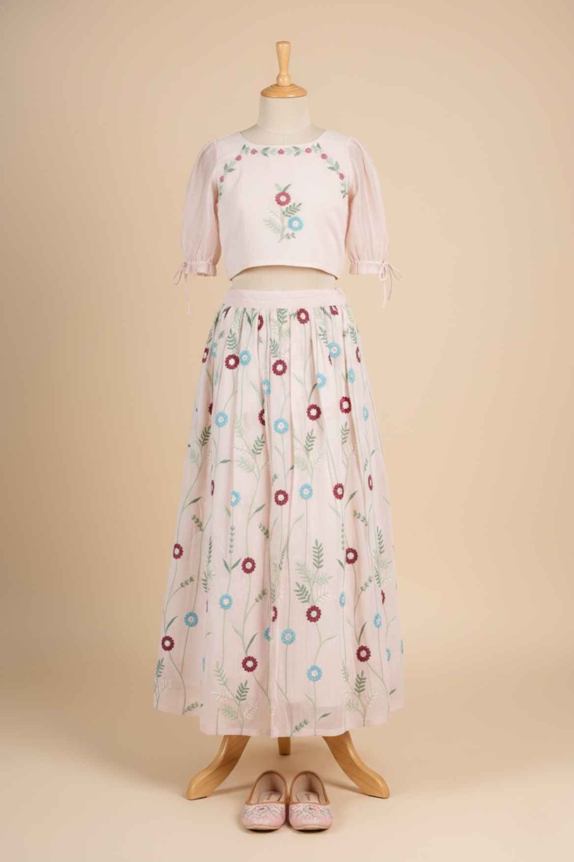 Baby Pink Floral Embroidered Lehenga Choli Set For Girls
