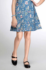 Blue Floral Printed Frock With Ruffle Sleeves For Girls