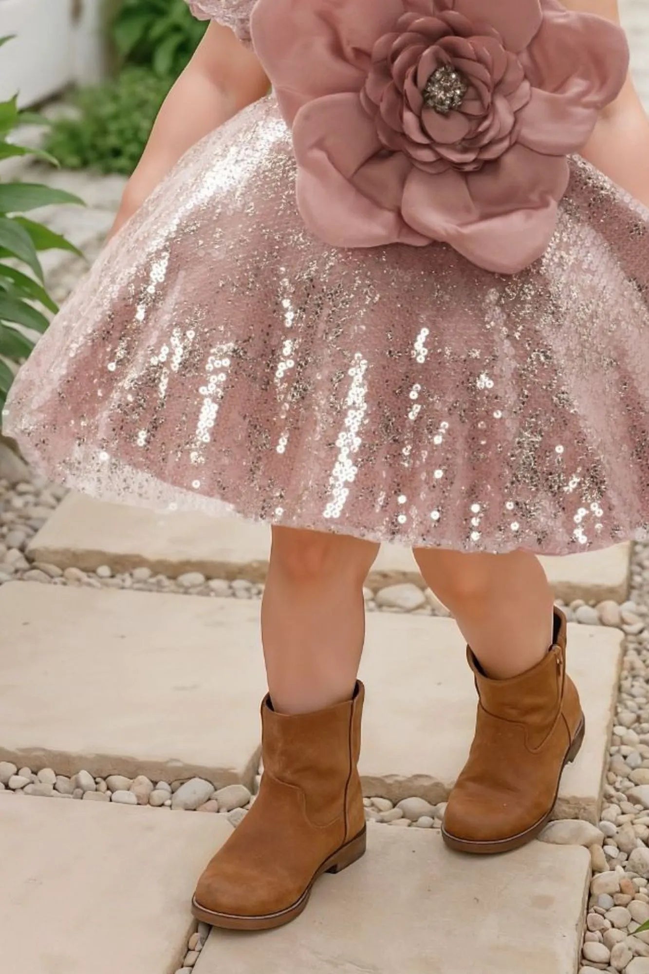 Peach Sequin Work with Oversized Floral Embellished Party Wear Frock F –  Lagorii Kids