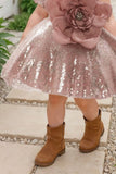 Peach Sequin Work with Oversized Floral Embellished Party Wear Frock For Girls