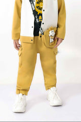 Mustard Jacket With Black T Shirt And Pant Set For Girls