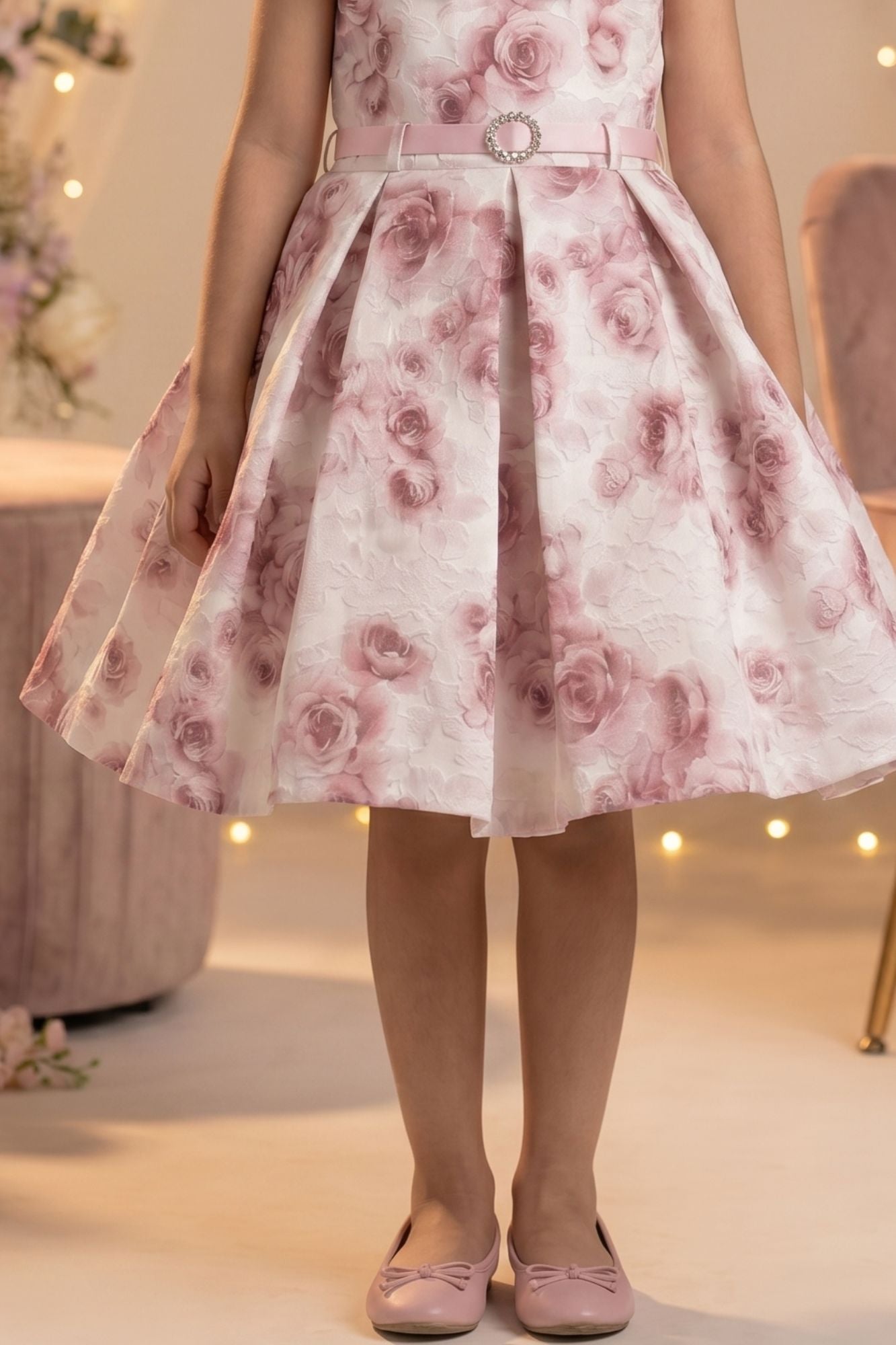 Ivory Floral Print Party Frock With Belt  For Girls