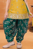 Mustard Sleeveless Kurti with Foil-Print Green Patiala And Dupatta For Girls