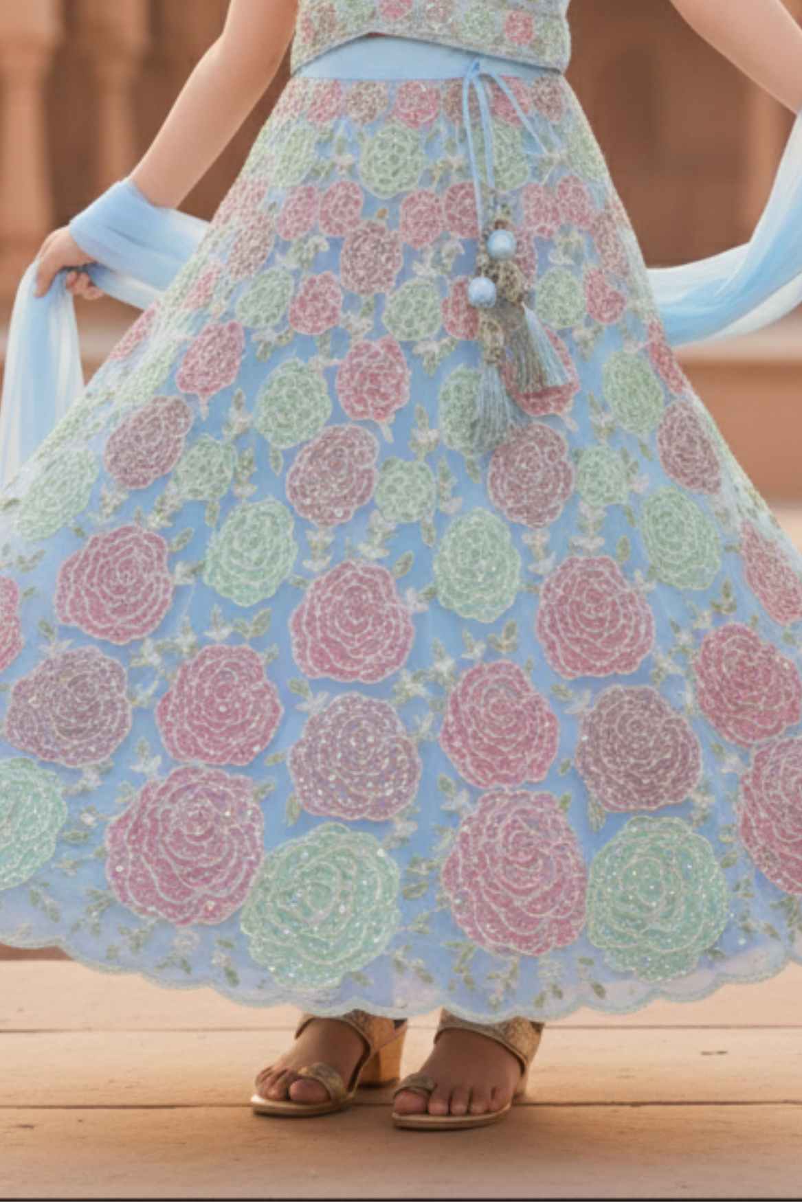 Sky Blue Floral Embroidered Lehenga Choli Set With Dupatta For Girls