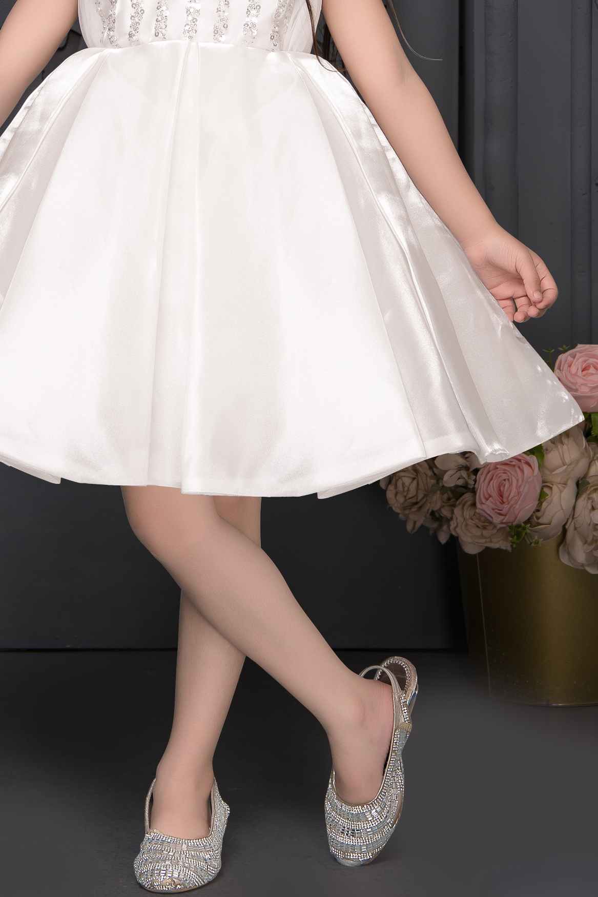 White Sequins And Pearl Work With Bow Embellished Party Wear Frock For Girls
