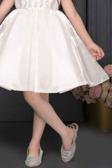 White Sequins And Pearl Work With Bow Embellished Party Wear Frock For Girls