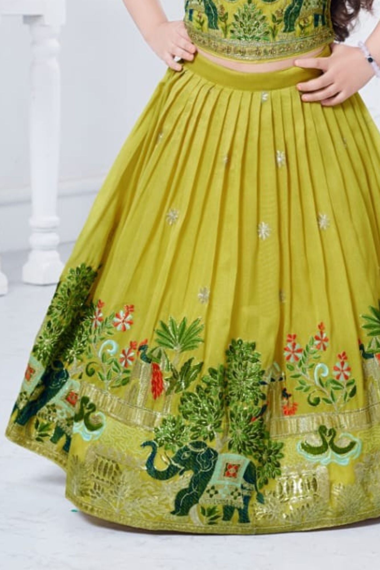 Mustard Yellow  Elephant Embroidered Lehenga Choli Set for Girls