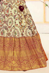 Maroon And Cream Silk Pattu Pavadai With Gold Foil Print For Girls