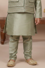 Pista Green Embroidered Kurta Pajama Set with Ethnic Jacket for Boys