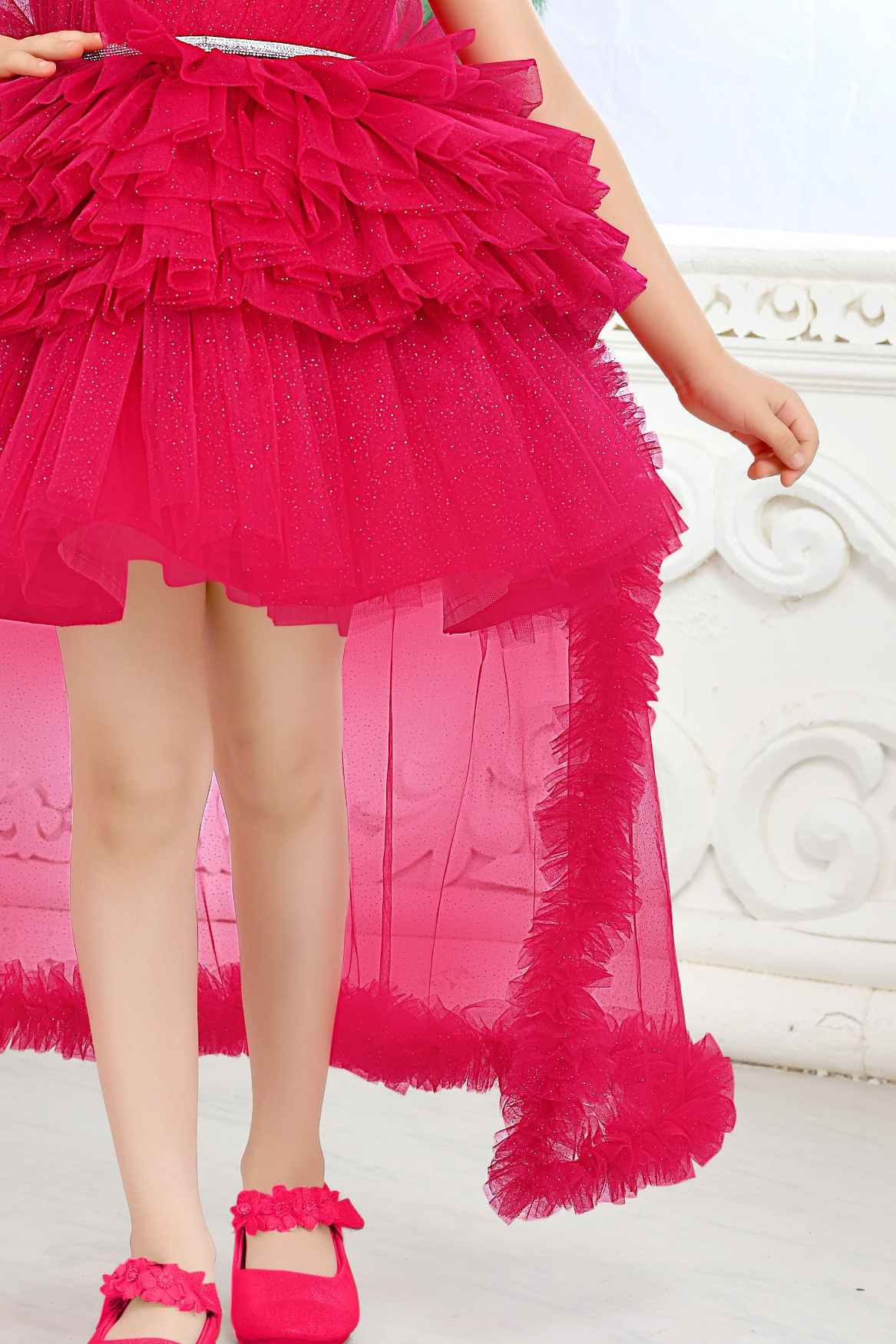 Bold Rani Pink Layered High-Low Partywear Frock For Girls