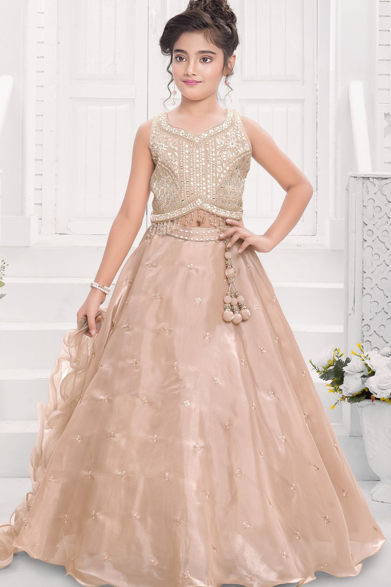 Fawn Embroidered Lehenga Choli Set with Dupatta For Girls