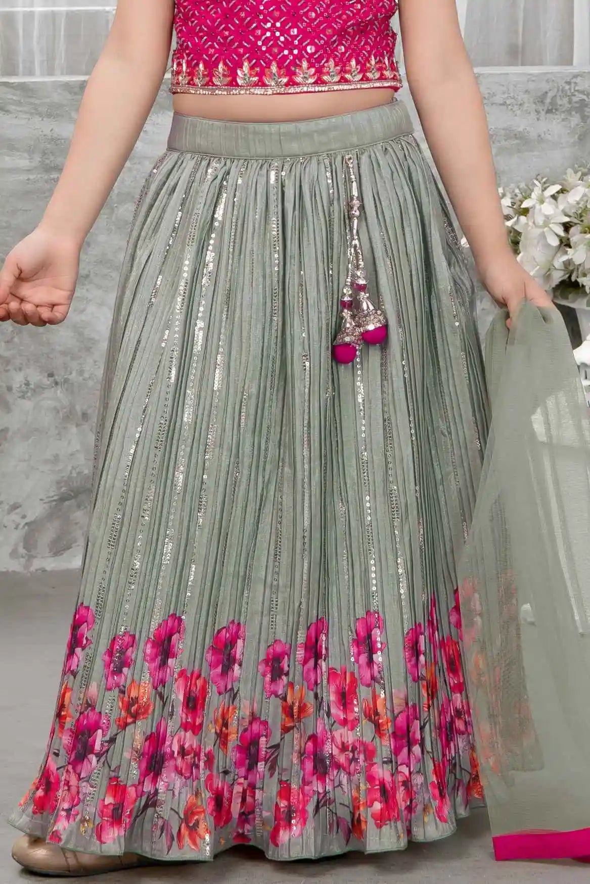 Rani Pink Embroidered Choli With Sage Green Sequin Floral Lehenga and Dupatta For Girls